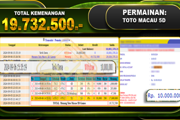 TOGEL TOTOMACAU 5D Rp 19.732.500